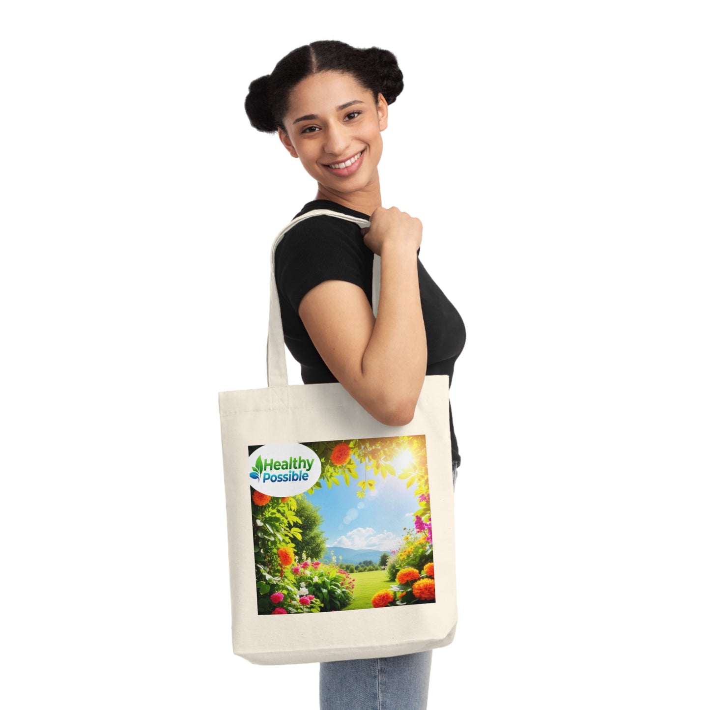 “Healthy Possible” Woven Tote Bag, Eco-Friendly Shopping Bag, Floral Design, Summer Picnic Bag, Reusable Grocery Tote