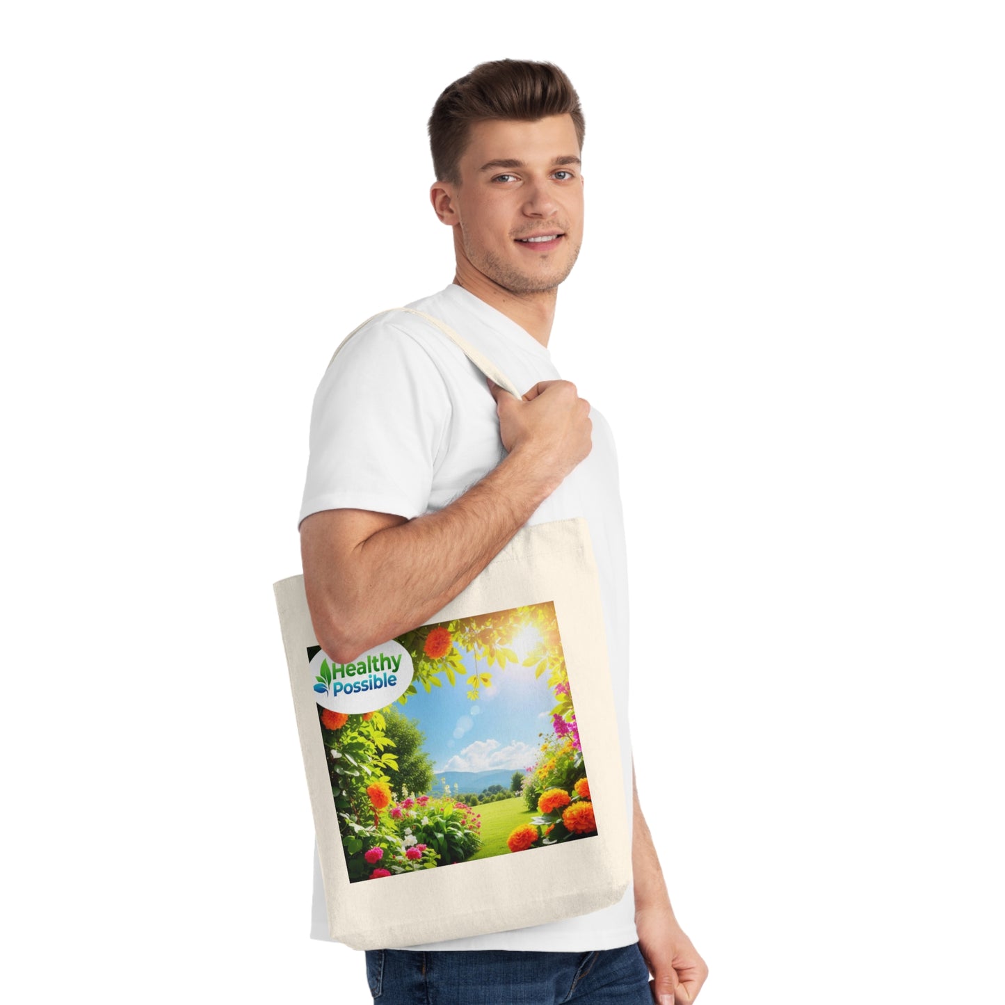 “Healthy Possible” Woven Tote Bag, Eco-Friendly Shopping Bag, Floral Design, Summer Picnic Bag, Reusable Grocery Tote